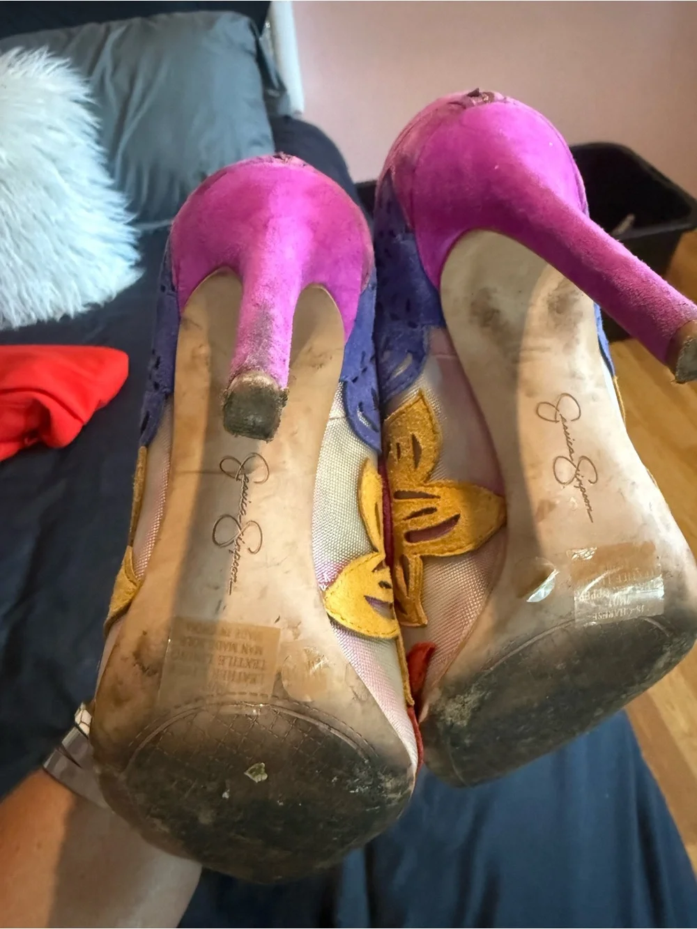 Jessica Simpson Pink and Red Floral Cutout Pointed Pumps
